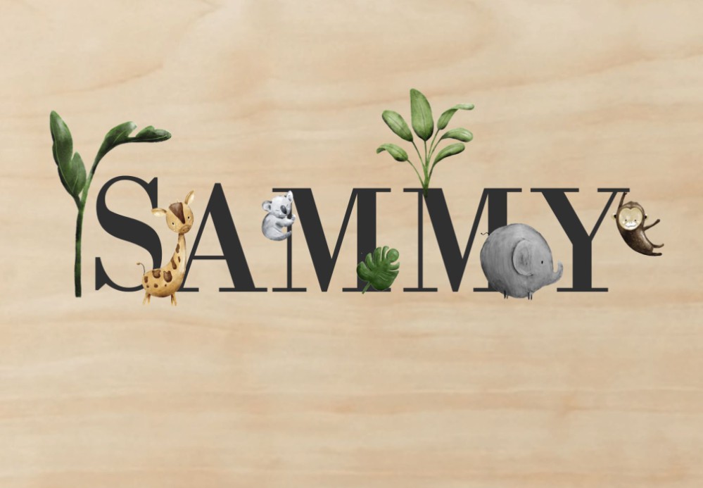 Geboortekaartje op hout naam met jungledieren - Sammy