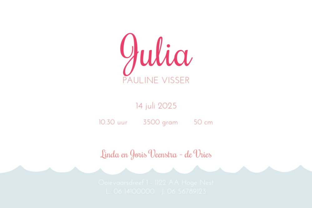 Geboortekaartje bootje meisje - Julia