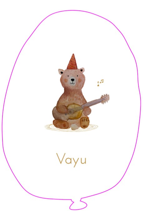 Geboortekaartje in vorm van een ballon met een beer met gitaar
