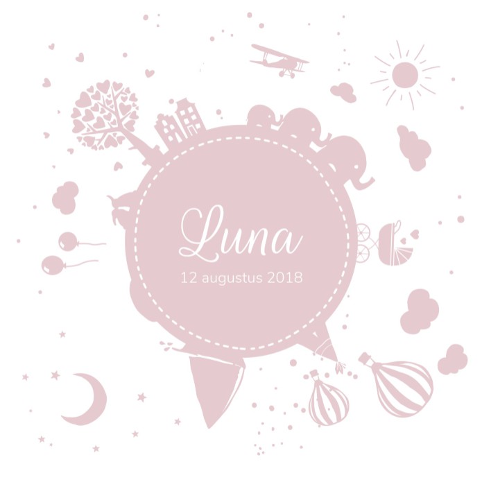 Geboortekaartje wereldbol roze - Luna
