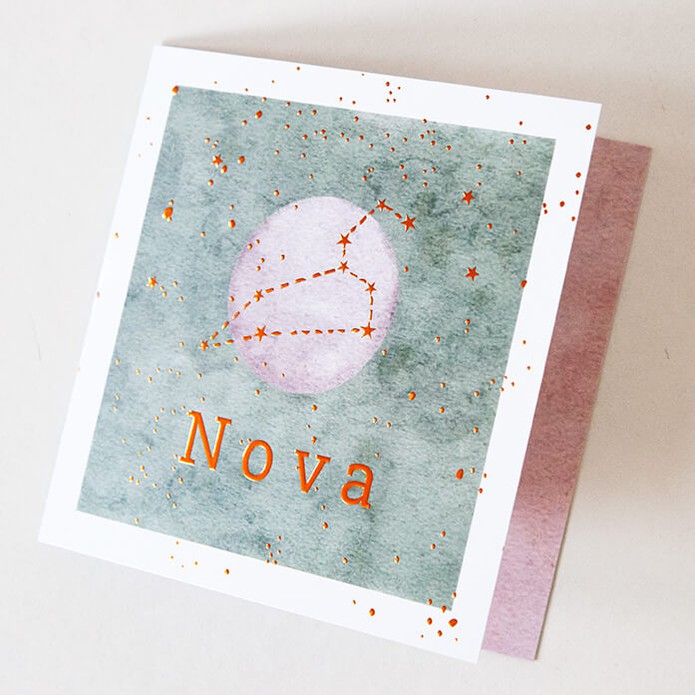 Geboortekaartje sterrenbeeld en maan vierkant • met folie • gevouwen • 13 x 13 cm