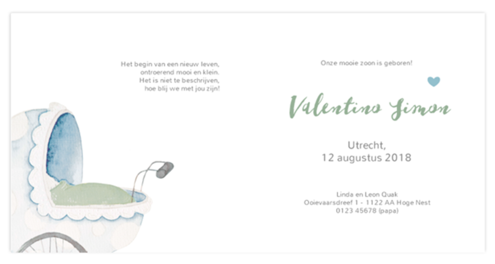 Geboortekaartje kinderwagen Valentino achter
