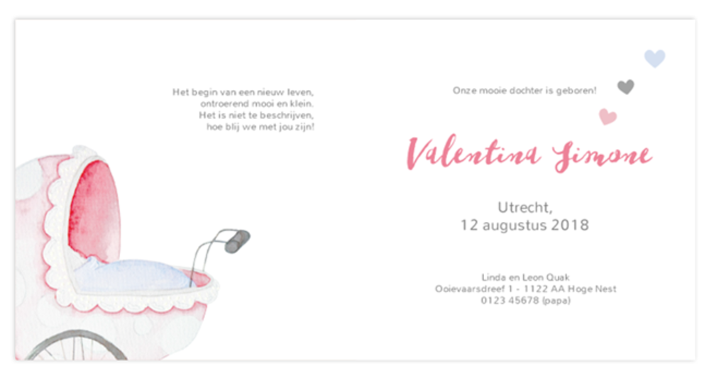 Geboortekaartje kinderwagen Valentina achter