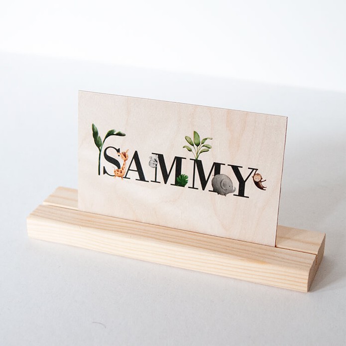 Geboortekaartje op hout naam met jungledieren - Sammy
