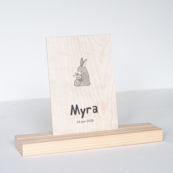 Geboortekaartje op hout konijntjes - Myra